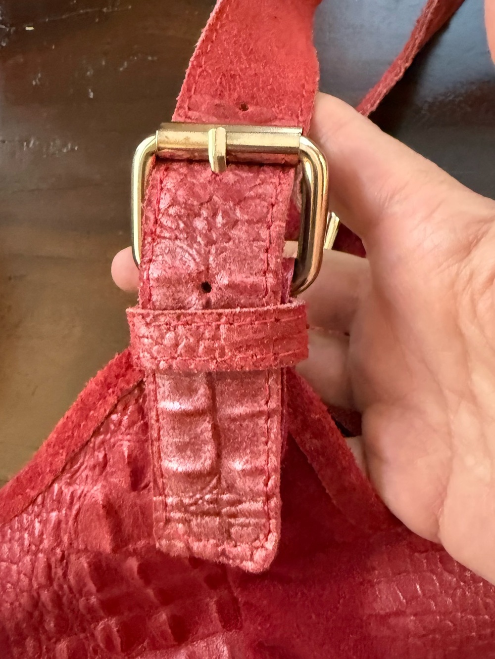 Red Croc-Embossed Genuine Italian Suede Hobo Bag - Picture 7 of 8